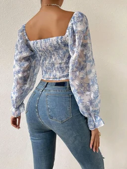 Women's Sweetheart Neck Bishop Sleeve Floral Print Crop Top - Manatee, M