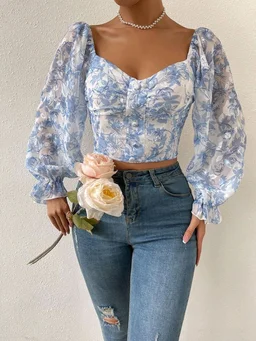 Women's Sweetheart Neck Bishop Sleeve Floral Print Crop Top - Manatee, S