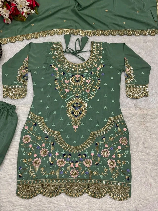 Stylish Heavy Work Teal Green Color Sharara Suit
- Pista, XL