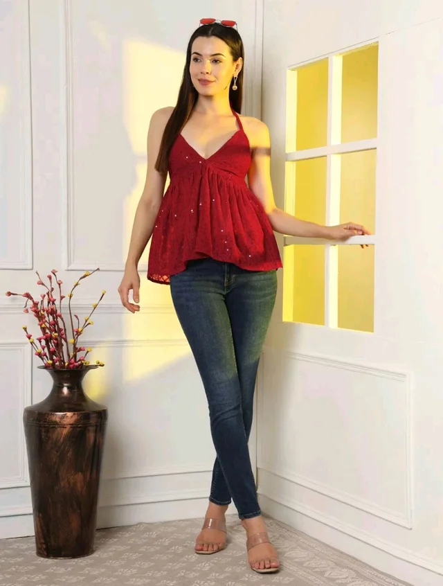 Cherry Red Embroidered Empire Top
- S