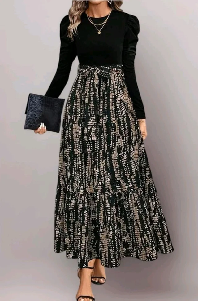 Clasi Women's Autumn Dress with Bow Tie Belt, Leaf & Floral Patchwork A-Line Dress Maxi Women Outfit Black - Black, XXS
