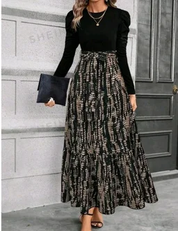 Clasi Women's Autumn Dress with Bow Tie Belt, Leaf & Floral Patchwork A-Line Dress Maxi Women Outfit Black - Black, XXS