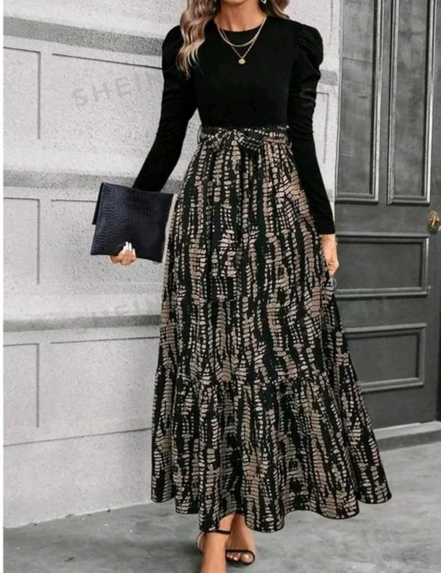Clasi Women's Autumn Dress with Bow Tie Belt, Leaf & Floral Patchwork A-Line Dress Maxi Women Outfit Black - Black, XXS