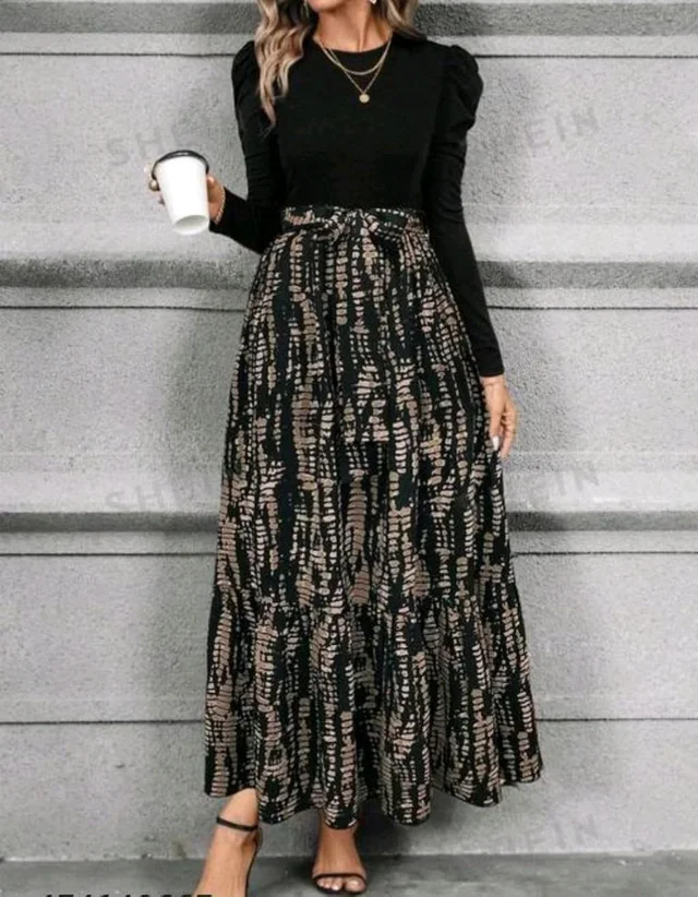 Clasi Women's Autumn Dress with Bow Tie Belt, Leaf & Floral Patchwork A-Line Dress Maxi Women Outfit Black - Black, XXS