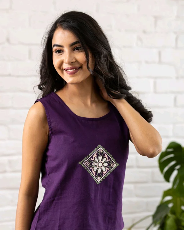Women Sleeveless Cotton Top with Floral Embroidery – Stylish Ethnic Kurti Style Top for Girls | Trendy Casual Summer Outfit for Jeans & College Wear - S, Purple