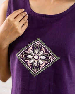 Women Sleeveless Cotton Top with Floral Embroidery – Stylish Ethnic Kurti Style Top for Girls | Trendy Casual Summer Outfit for Jeans & College Wear - S, Purple