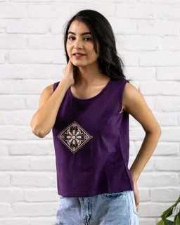 Women Sleeveless Cotton Top with Floral Embroidery – Stylish Ethnic Kurti Style Top for Girls | Trendy Casual Summer Outfit for Jeans & College Wear - XL, Purple