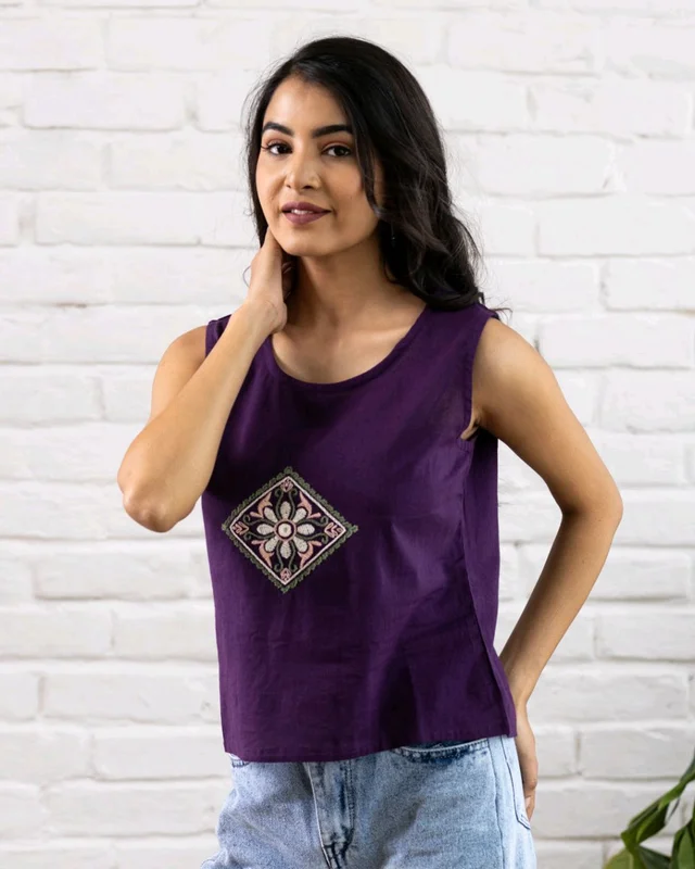 Women Sleeveless Cotton Top with Floral Embroidery – Stylish Ethnic Kurti Style Top for Girls | Trendy Casual Summer Outfit for Jeans & College Wear - XL, Purple
