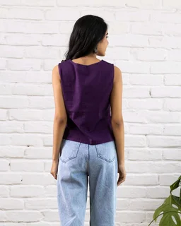 Women Sleeveless Cotton Top with Floral Embroidery – Stylish Ethnic Kurti Style Top for Girls | Trendy Casual Summer Outfit for Jeans & College Wear - XS, Purple
