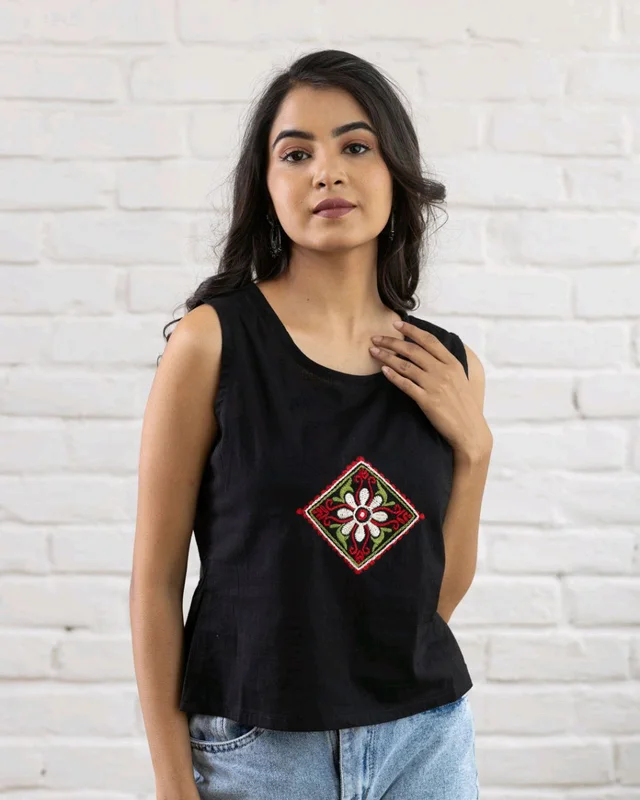 Women Sleeveless Cotton Top with Floral Embroidery – Stylish Ethnic Kurti Style Top for Girls | Trendy Casual Summer Outfit for Jeans & College Wear - L, Black