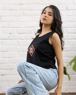 Women Sleeveless Cotton Top with Floral Embroidery – Stylish Ethnic Kurti Style Top for Girls | Trendy Casual Summer Outfit for Jeans & College Wear - L, Black