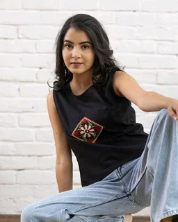 Women Sleeveless Cotton Top with Floral Embroidery – Stylish Ethnic Kurti Style Top for Girls | Trendy Casual Summer Outfit for Jeans & College Wear - S, Black