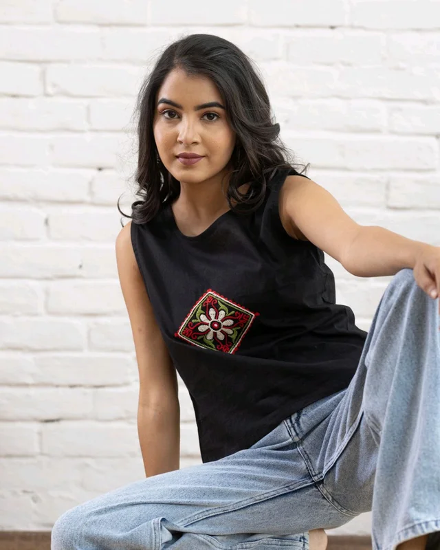 Women Sleeveless Cotton Top with Floral Embroidery – Stylish Ethnic Kurti Style Top for Girls | Trendy Casual Summer Outfit for Jeans & College Wear - S, Black