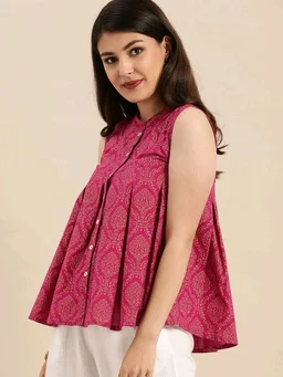 Casual Sleeveless Printed Women Pink Top
- Pink, M