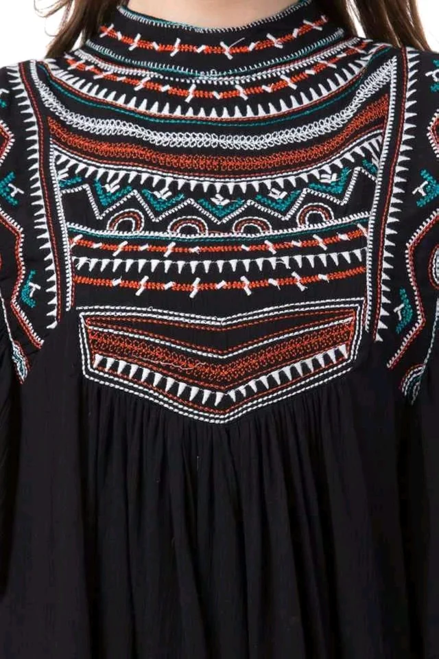 Women's Casual Flared Sleeve Embroidered Riyon Latest Stylish Western Top (M, Black.Kaptan) - Black, L