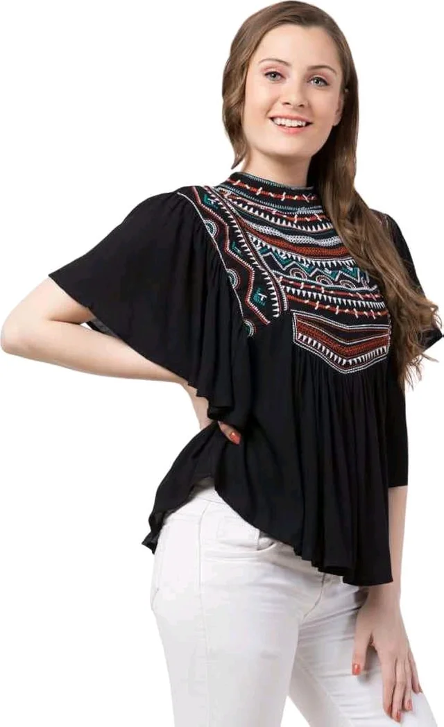 Women's Casual Flared Sleeve Embroidered Riyon Latest Stylish Western Top (M, Black.Kaptan) - Black, XL