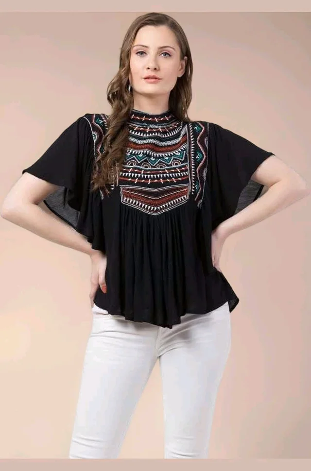 Women's Casual Flared Sleeve Embroidered Riyon Latest Stylish Western Top (M, Black.Kaptan) - Black, XXL