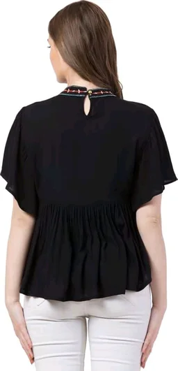 Women's Casual Flared Sleeve Embroidered Riyon Latest Stylish Western Top (M, Black.Kaptan) - Black, XXL