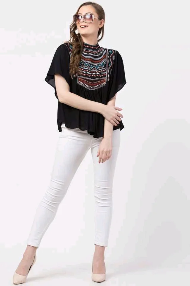 Women's Casual Flared Sleeve Embroidered Riyon Latest Stylish Western Top (M, Black.Kaptan) - Black, XXL