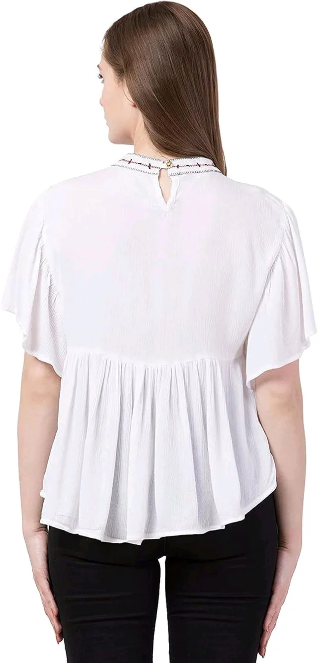 Women's Casual Flared Sleeve Embroidered Riyon Latest Stylish Western Top (M, Black.Kaptan) - White, M