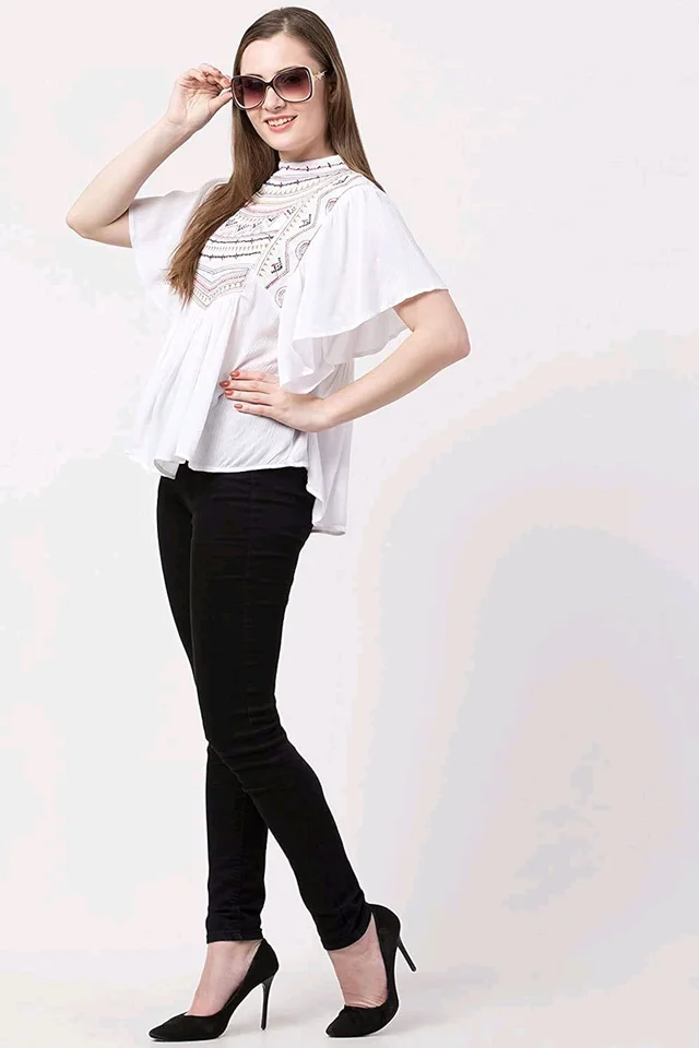 Women's Casual Flared Sleeve Embroidered Riyon Latest Stylish Western Top (M, Black.Kaptan) - White, M