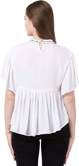 Women's Casual Flared Sleeve Embroidered Riyon Latest Stylish Western Top (M, Black.Kaptan) - White, S