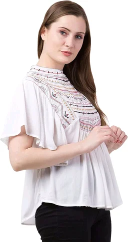 Women's Casual Flared Sleeve Embroidered Riyon Latest Stylish Western Top (M, Black.Kaptan) - White, S