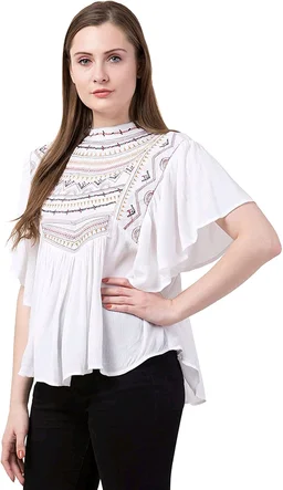 Women's Casual Flared Sleeve Embroidered Riyon Latest Stylish Western Top (M, Black.Kaptan) - White, S