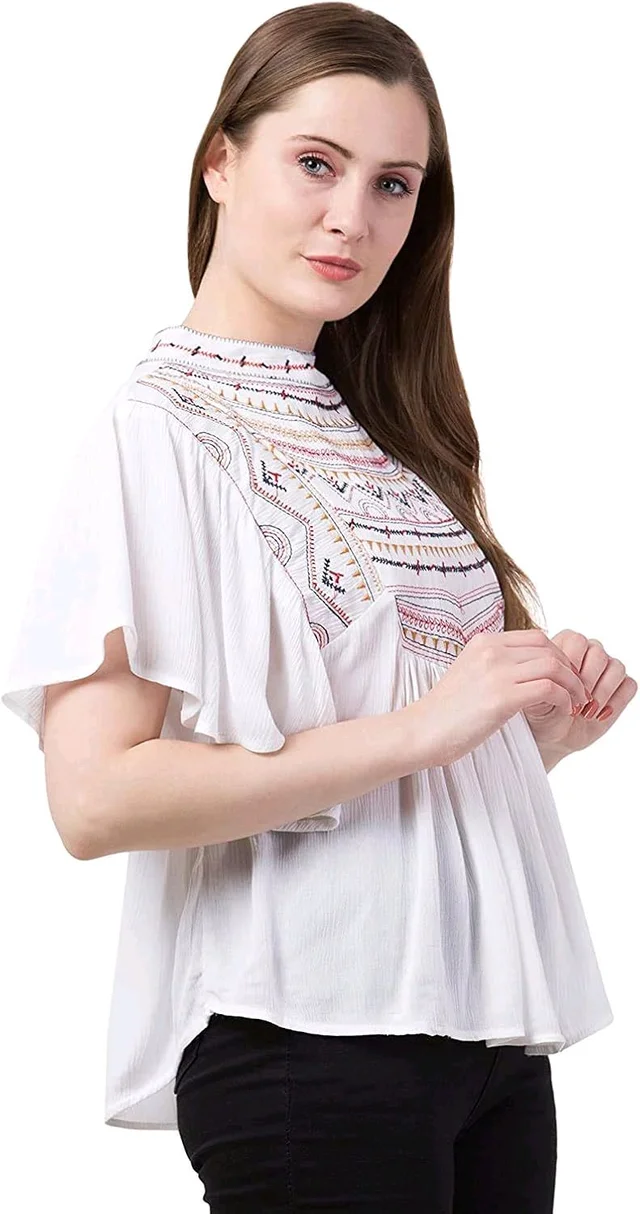 Women's Casual Flared Sleeve Embroidered Riyon Latest Stylish Western Top (M, Black.Kaptan) - White, XL
