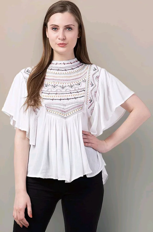 Women's Casual Flared Sleeve Embroidered Riyon Latest Stylish Western Top (M, Black.Kaptan) - White, XXL