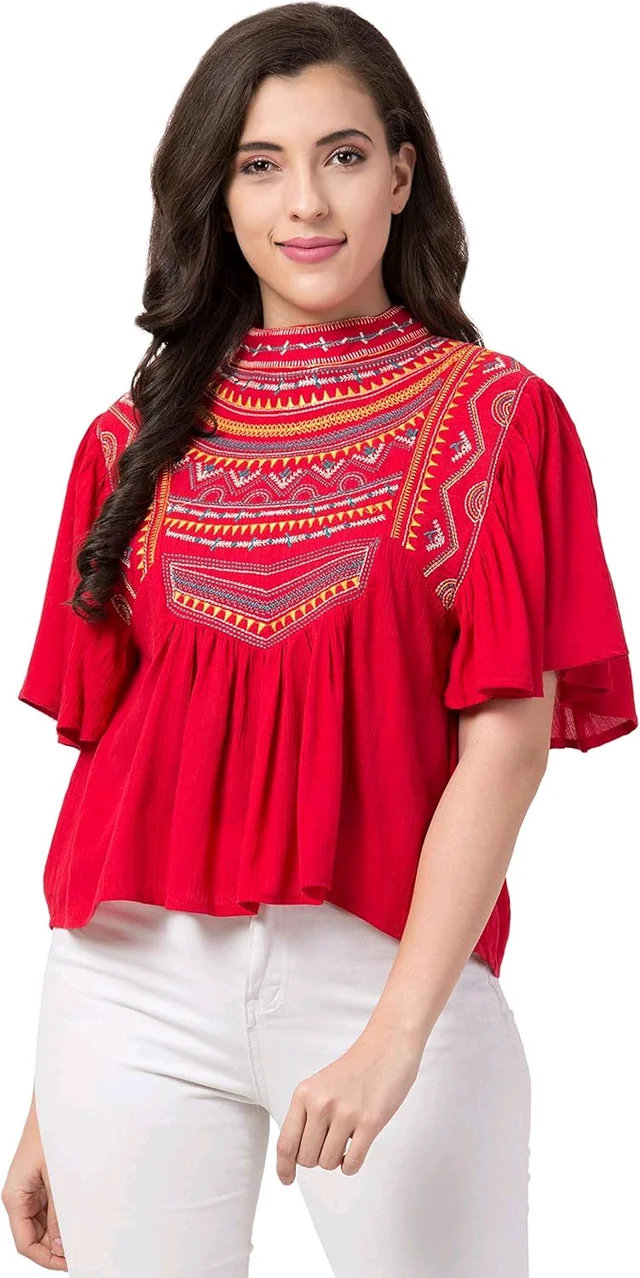 Women's Casual Flared Sleeve Embroidered Riyon Latest Stylish Western Top (M, Black.Kaptan) - Red Ribbon, L