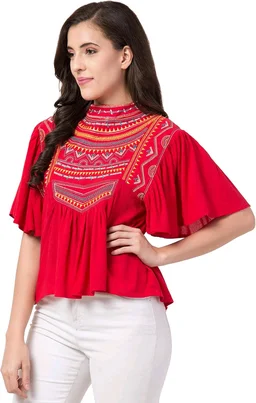 Women's Casual Flared Sleeve Embroidered Riyon Latest Stylish Western Top (M, Black.Kaptan) - Red Ribbon, L