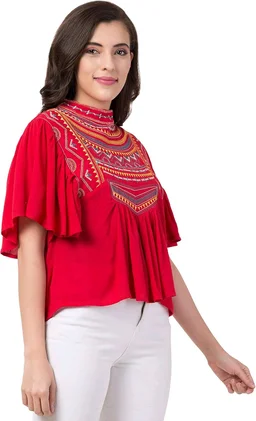 Women's Casual Flared Sleeve Embroidered Riyon Latest Stylish Western Top (M, Black.Kaptan) - Red Ribbon, L