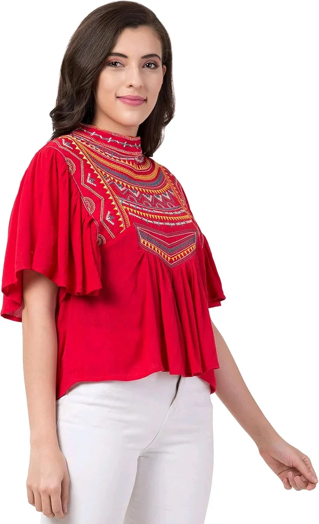 Women's Casual Flared Sleeve Embroidered Riyon Latest Stylish Western Top (M, Black.Kaptan) - Red Ribbon, L