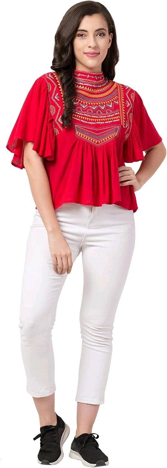 Women's Casual Flared Sleeve Embroidered Riyon Latest Stylish Western Top (M, Black.Kaptan) - Red Ribbon, L