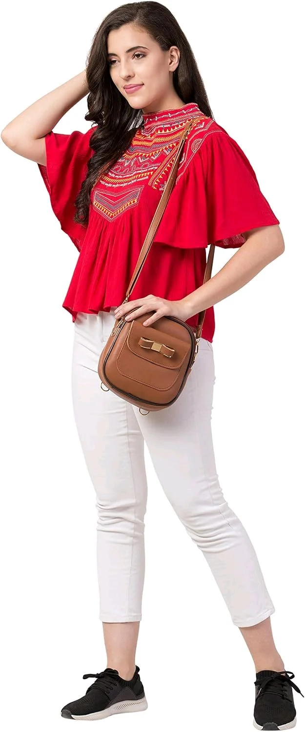 Women's Casual Flared Sleeve Embroidered Riyon Latest Stylish Western Top (M, Black.Kaptan) - Red Ribbon, L