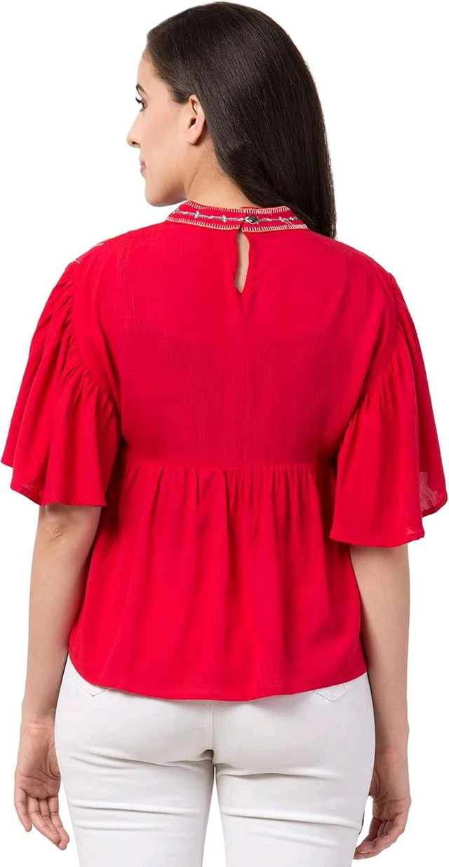 Women's Casual Flared Sleeve Embroidered Riyon Latest Stylish Western Top (M, Black.Kaptan) - Red Ribbon, M