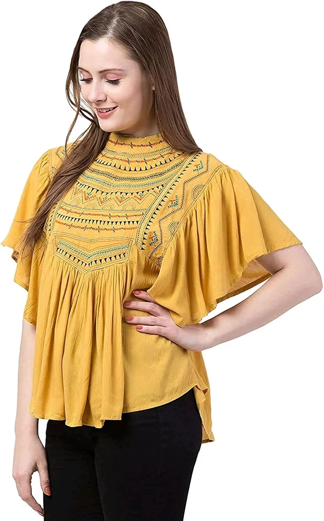 Women's Casual Flared Sleeve Embroidered Riyon Latest Stylish Western Top (M, Black.Kaptan) - Cream Can, L