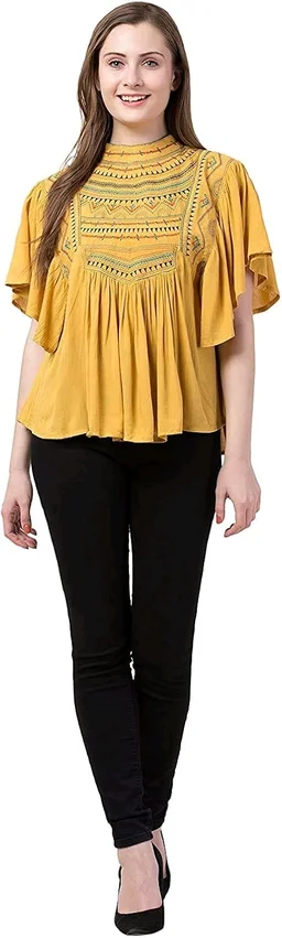 Women's Casual Flared Sleeve Embroidered Riyon Latest Stylish Western Top (M, Black.Kaptan) - Cream Can, L