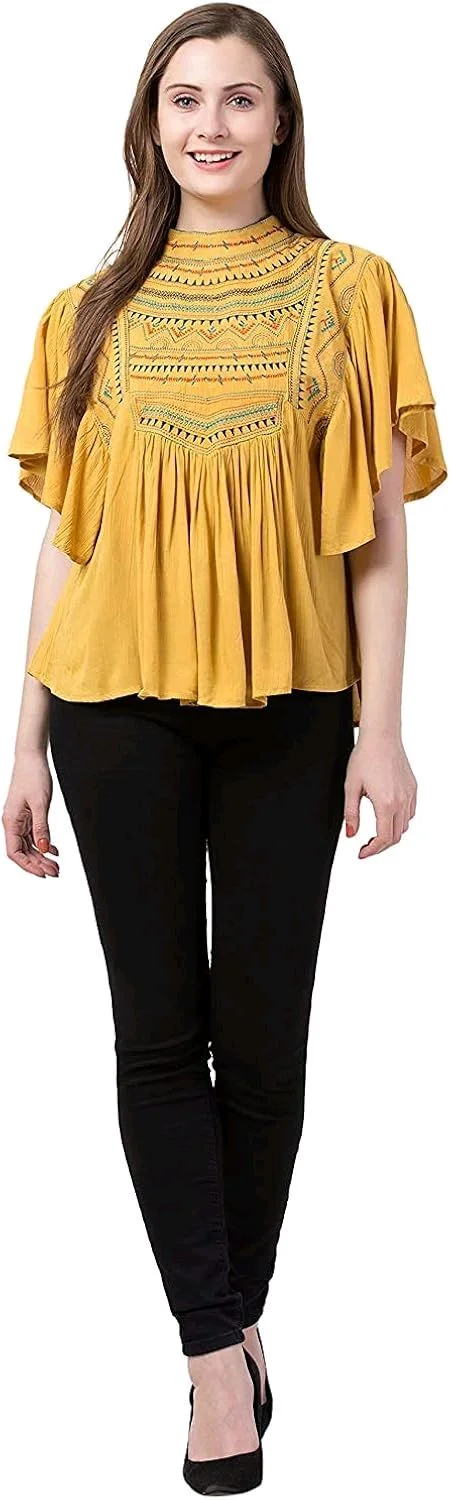 Women's Casual Flared Sleeve Embroidered Riyon Latest Stylish Western Top (M, Black.Kaptan) - Cream Can, L