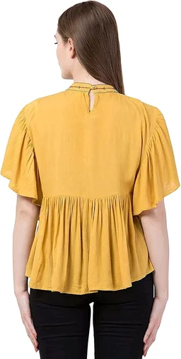 Women's Casual Flared Sleeve Embroidered Riyon Latest Stylish Western Top (M, Black.Kaptan) - Cream Can, S