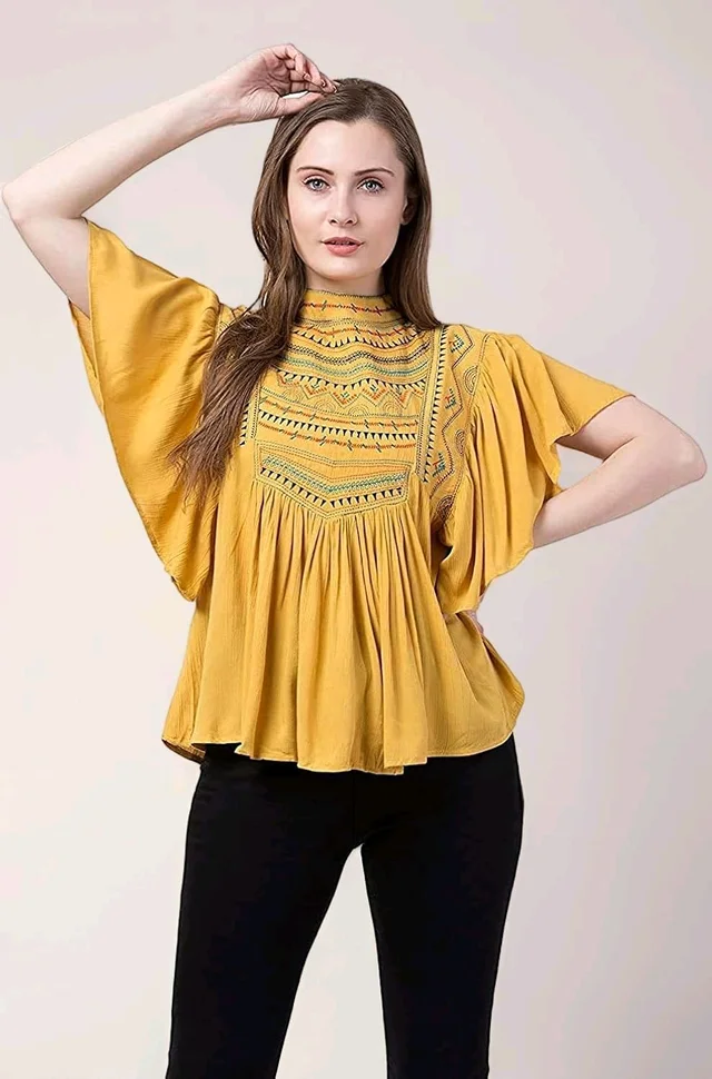 Women's Casual Flared Sleeve Embroidered Riyon Latest Stylish Western Top (M, Black.Kaptan) - Cream Can, XL