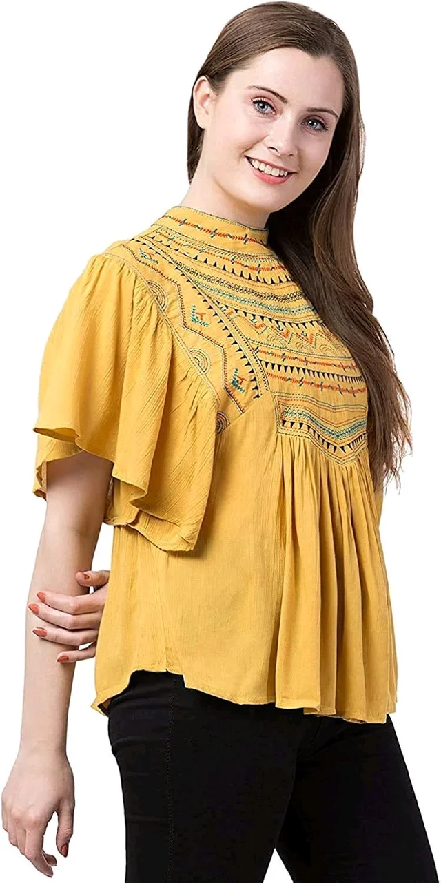 Women's Casual Flared Sleeve Embroidered Riyon Latest Stylish Western Top (M, Black.Kaptan) - Cream Can, XXL