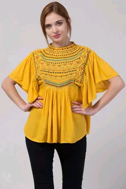 Women's Casual Flared Sleeve Embroidered Riyon Latest Stylish Western Top (M, Black.Kaptan) - Cream Can, XXL