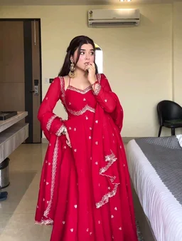 Red Georgette Embroidery Anarkali Suit Set with Dupatta Ready to Wear for Celebrations - Red, L