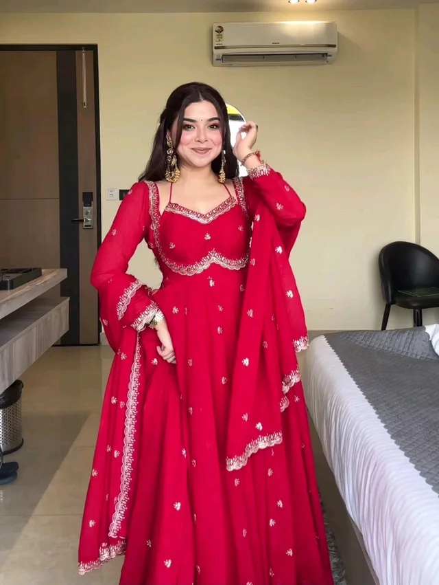 Red Georgette Embroidery Anarkali Suit Set with Dupatta Ready to Wear for Celebrations - Red, XL