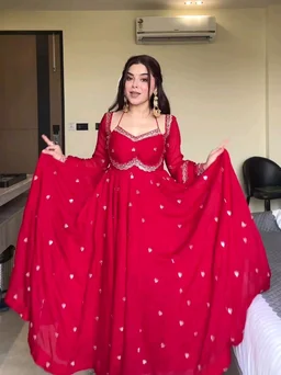 Red Georgette Embroidery Anarkali Suit Set with Dupatta Ready to Wear for Celebrations - Red, XL