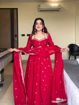 Red Georgette Embroidery Anarkali Suit Set with Dupatta Ready to Wear for Celebrations - Red, XXL