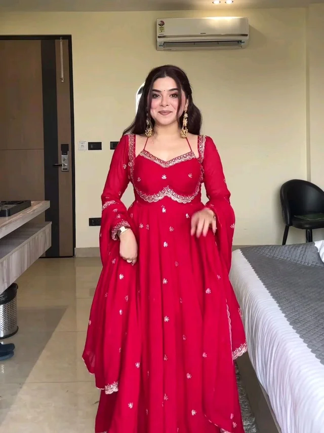 Red Georgette Embroidery Anarkali Suit Set with Dupatta Ready to Wear for Celebrations - Red, XXL