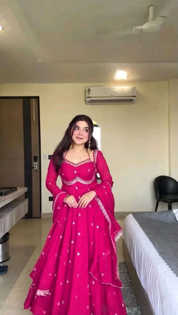 Red Georgette Embroidery Anarkali Suit Set with Dupatta Ready to Wear for Celebrations - Rose, L